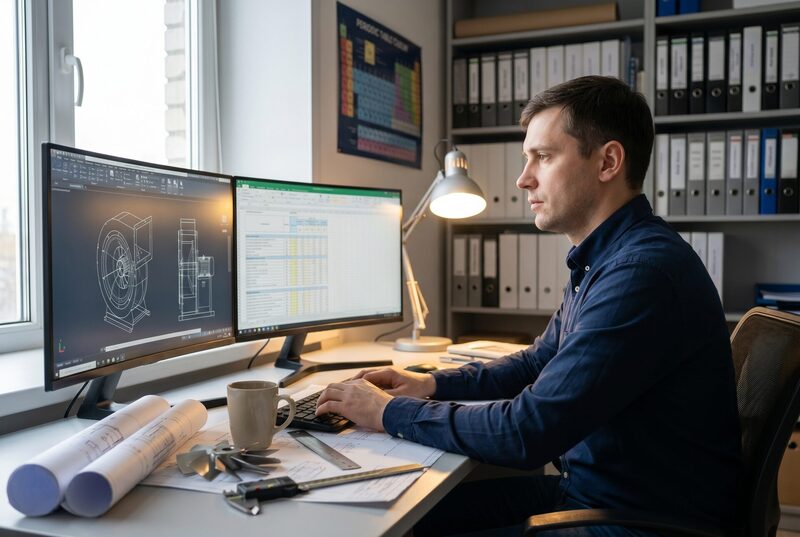 Инженер технического отдела ЭнергоАльянс за CAD-расчётом дымососа на двух мониторах с чертежами и спецификацией